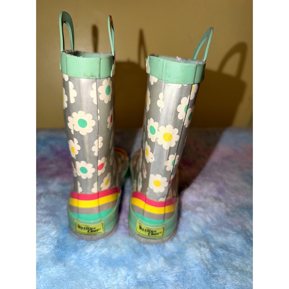 Western Chief Kids Silver Daisy Floral Rainbow Waterproof Rain Boots Size 12 - Picture 5 of 6